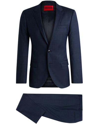 HUGO Slim-fit Suit In Checked Stretch Virgin Wool - Blue