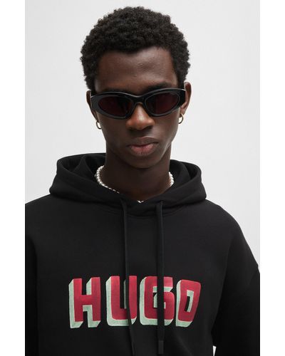 HUGO Logo-print Hoodie In French-terry Cotton - Black