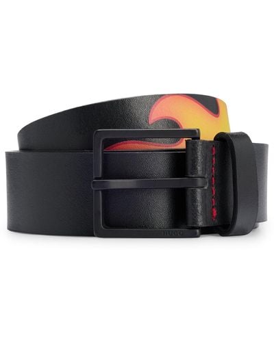 HUGO Reversible Italian-leather Belt With Stacked Logo And Flames - Black