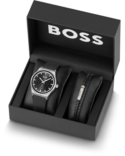 BOSS Set de reloj con esfera negra y pulsera de piel trenzada en caja de regalo - Negro