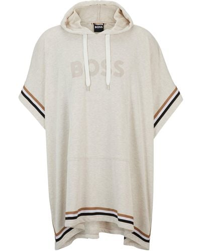 BOSS Hooded Beach Poncho With Logo And Signature Stripes - Grey