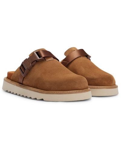 HUGO Suede Slip-on Shoes With Buckled Strap - Brown