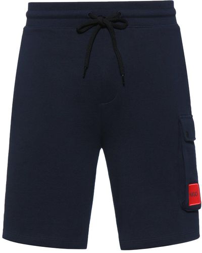 HUGO Regular-fit Shorts In Cotton With Red Logo Label - Blue