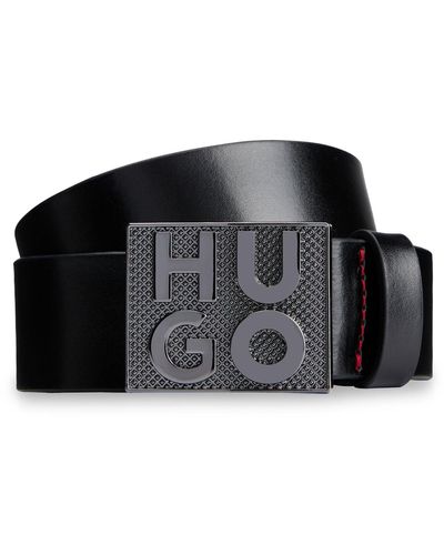 HUGO Cinturón de piel italiana con logo apilado en la hebilla con placa - Negro
