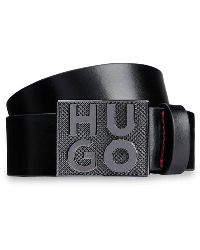 HUGO Italian-leather Belt With Stacked-logo Plaque Buckle - Black