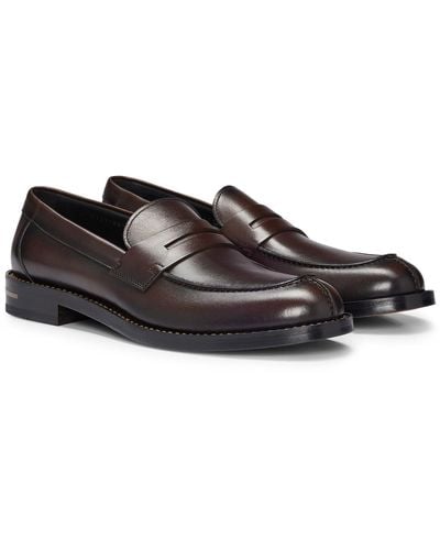 BOSS Leather Slip-on Loafers With Penny Trim - Brown