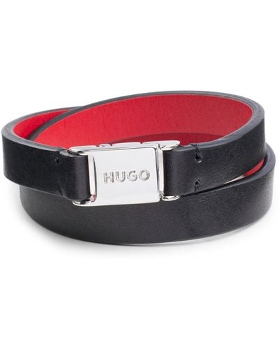 HUGO Bracelet double tour en cuir italien avec fermeture logotée - Rouge