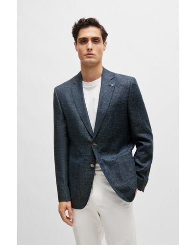 BOSS Regular-fit Jacket In Micro-patterned Wool And Linen - Blue