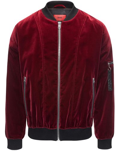 HUGO Velvet Bomber Jacket In An Oversized Fit - Red