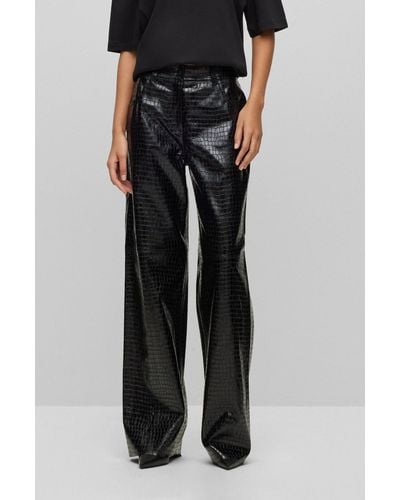 HUGO Relaxed-fit Trousers In Crocodile-structured Synthetic Coated Fabric - Black