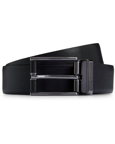 BOSS Reversible Belt In Smooth And Structured Italian Leather - Black