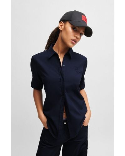 HUGO Regular-fit Blouse In Stretch Cotton With Stacked Logo - Blue