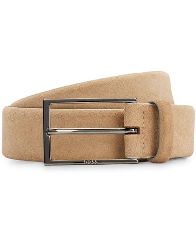 BOSS Suede Belt With Logo And Gunmetal Buckle - Natural