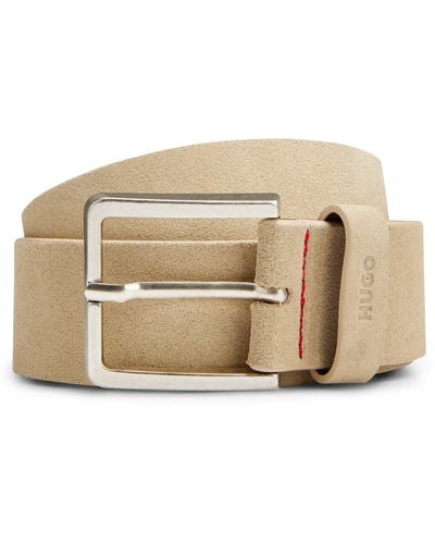 HUGO Suede Belt With Silver-tone Buckle - Natural