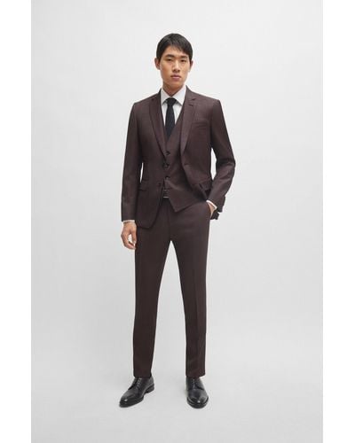 BOSS Three-piece Slim-fit Suit In Patterned Stretch Wool - Black