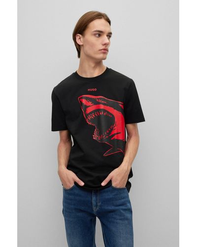 HUGO T-shirt en jersey de coton à imprimé requin rouge - Noir