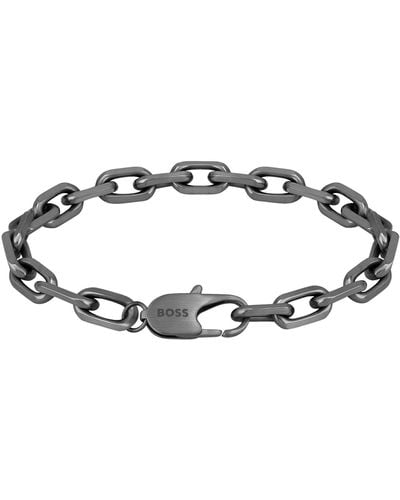 BOSS Grey-plated Steel Cuff With Branded Clasp - Metallic