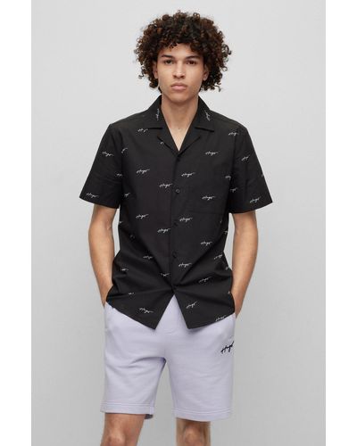 HUGO Relaxed-fit Shirt In Printed Cotton Poplin - Black