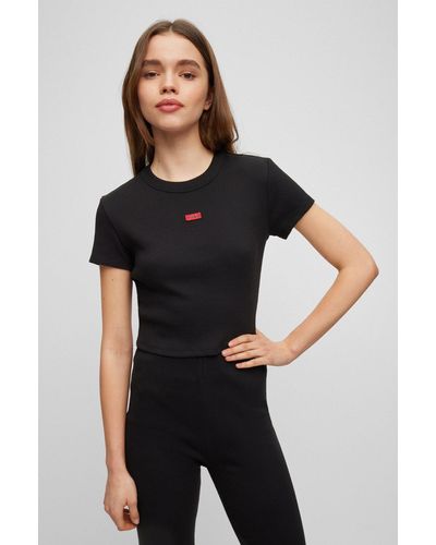 HUGO Cropped Top In Organic Stretch Cotton With Logo Label - Black