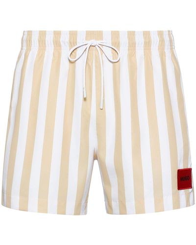 HUGO Striped Quick-drying Swim Shorts With Red Logo Label - White