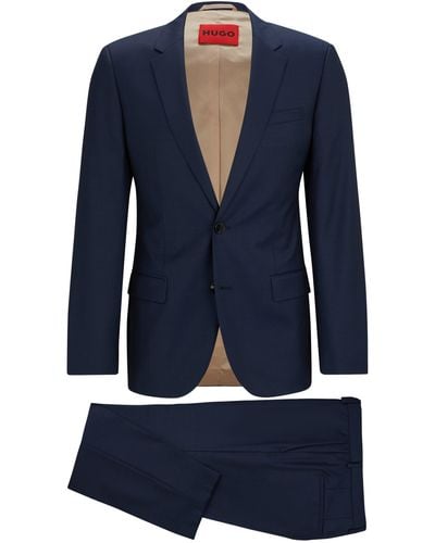 HUGO Slim-Fit Anzug aus gemusterter Schurwolle mit Canvas-Struktur - Blau