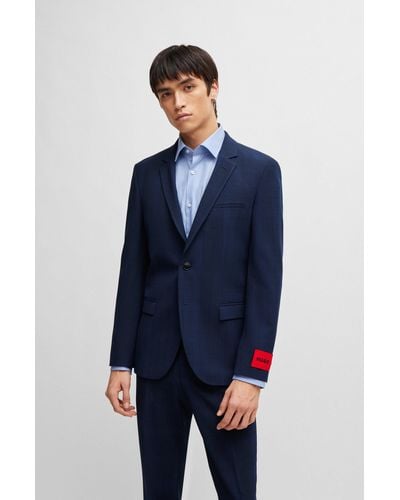 HUGO Extra-slim-fit Jacket In Checked Performance-stretch Fabric - Blue