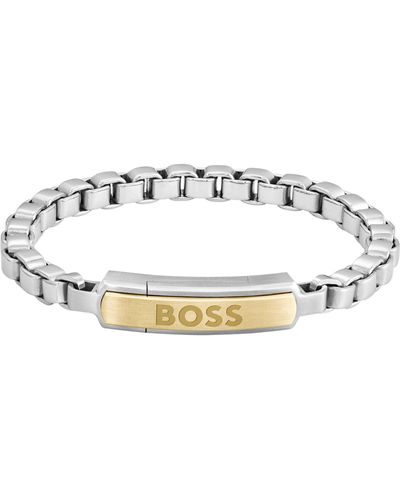 BOSS Bracelet chaîne argenté à maillons cubes et plaquette logotée dorée - Blanc