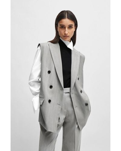 BOSS by HUGO BOSS Naomi X Oversized Sleeveless Jacket In Pinstripe Virgin Wool - Grey