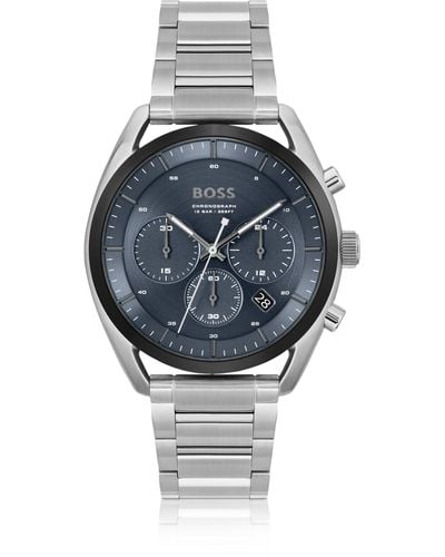 BOSS Montre chronographe avec cadran bleu et bracelet à maillons - Gris