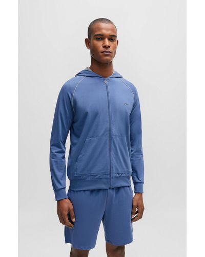 BOSS Sweat zippé en coton stretch à capuche avec logo brodé - Bleu