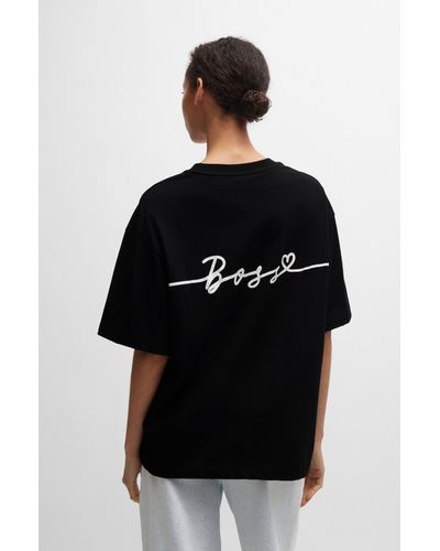 BOSS T-shirt en coton stretch avec logos - Noir