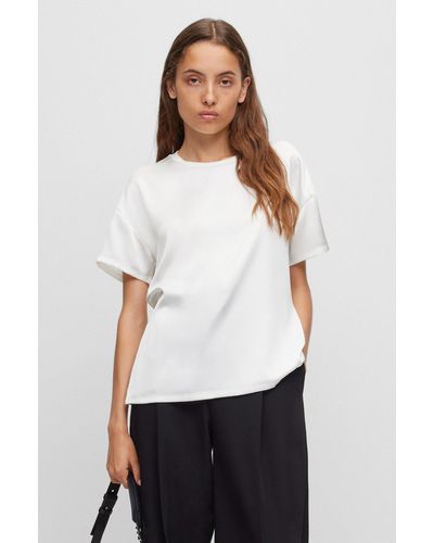 HUGO Crew-neck Top In Mixed Materials - White