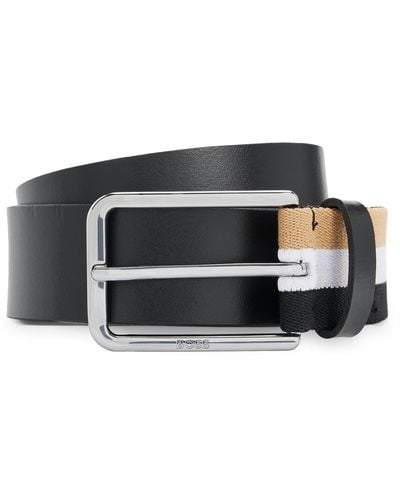 BOSS Italian-leather Belt With Signature-stripe Detail - Black
