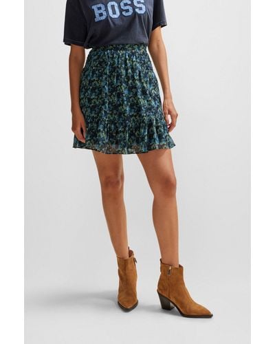 BOSS Seasonal-print Mini Skirt With Volant Hem - Blue