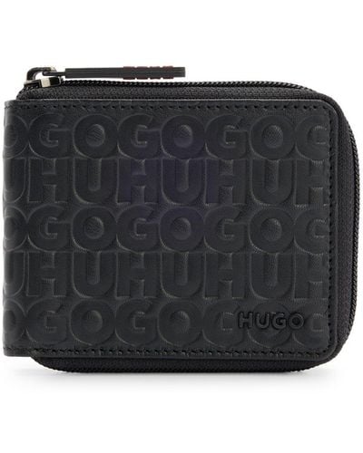 HUGO Ziparound Wallet In Matte Leather With Stacked Logos - Black