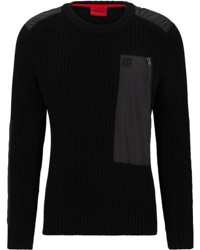 HUGO Gerippter Pullover aus Baumwolle mit tonalen Details und Stack-Logo - Schwarz