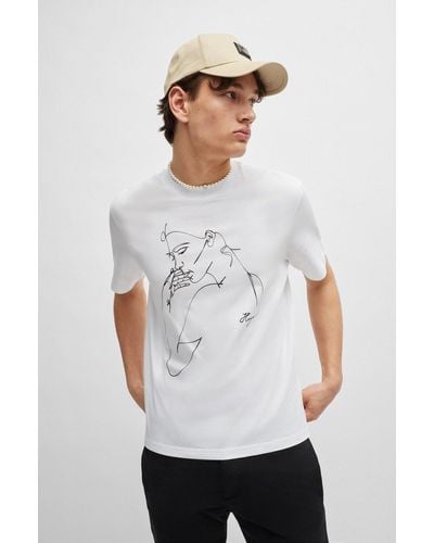 HUGO Relaxed-fit T-shirt In Cotton Jersey With Face Print - White