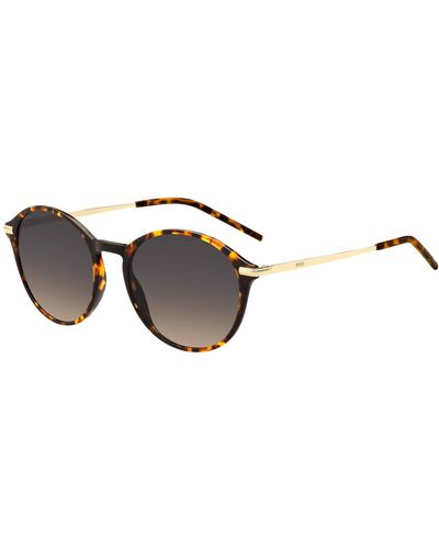 BOSS Round Sunglasses In Havana Acetate With Gold-tone Temples - Black
