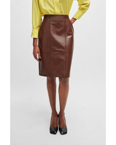 BOSS Seam-detail Pencil Skirt In Lamb Leather - Brown