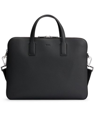 BOSS Zipped Document Case In Italian Leather With Emed Logo - Black