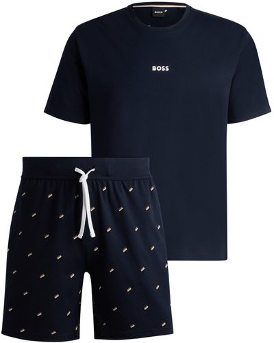 BOSS Geschenk-Set aus kurzem Pyjama aus Baumwolle mit Signature-Details - Blau