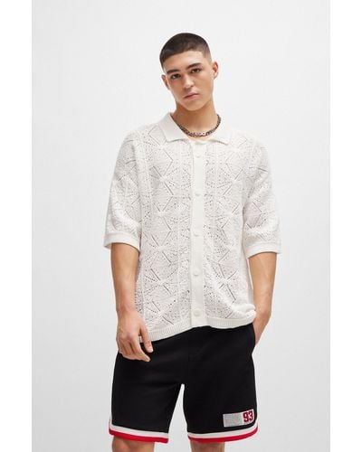 HUGO Relaxed-fit Short-sleeved Cardigan In Crochet Cotton - White