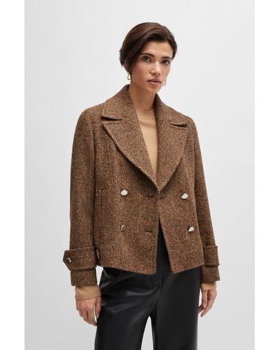BOSS Regular-fit Double-breasted Coat In Herringbone Tweed - Brown