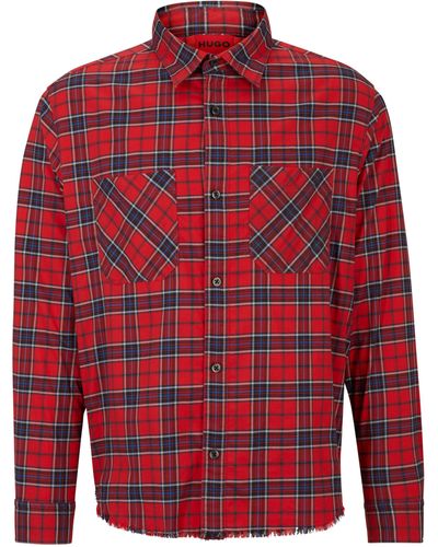 HUGO Oversized-fit Overhemd Van Geruite Stretchkatoen - Rood