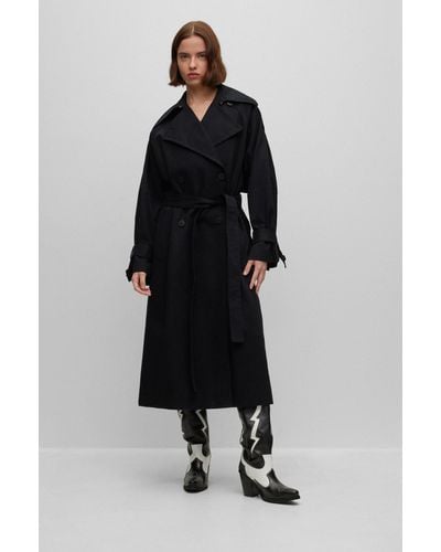 HUGO Double-breasted Trench Coat In Stretch Cotton - Black