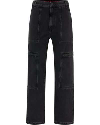 HUGO Loose-Fit Jeans aus schwarzem Denim mit verstellbaren Beinabschlüssen