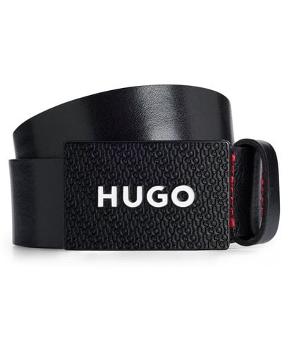 HUGO Italian-leather Belt With Branded Plaque Buckle - Black