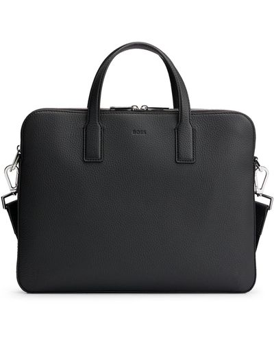 BOSS Zipped Document Case In Italian Leather With Emed Logo - Black