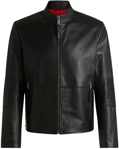 HUGO Slim-fit Jacket In Leather With Stand Collar - Black