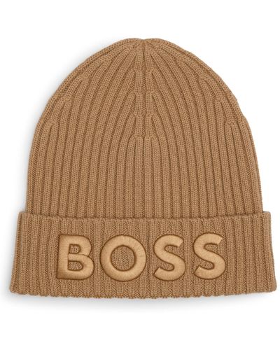 BOSS Virgin-wool Beanie Hat With Embroidered Logo - Natural